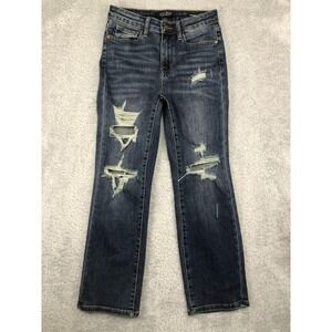 Judy Blue Jeans Womens  5/27 (27x26) Crop Straight Distressed Mid Rise Blue
